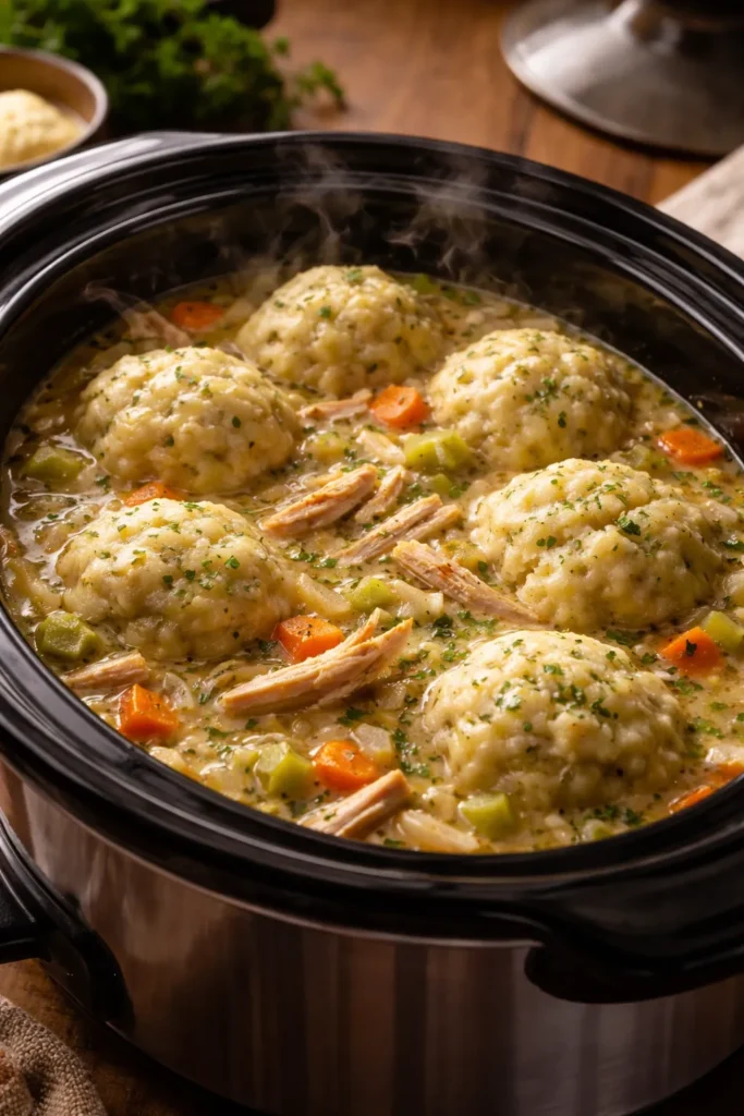 Slow cooker dish with chicken and dumplings steaming in thick broth