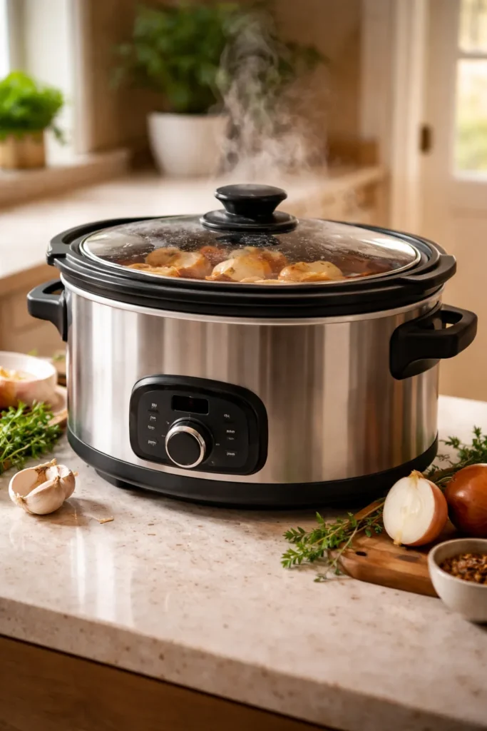 Slow cooker on kitchen counter with steam suggesting juicy chicken