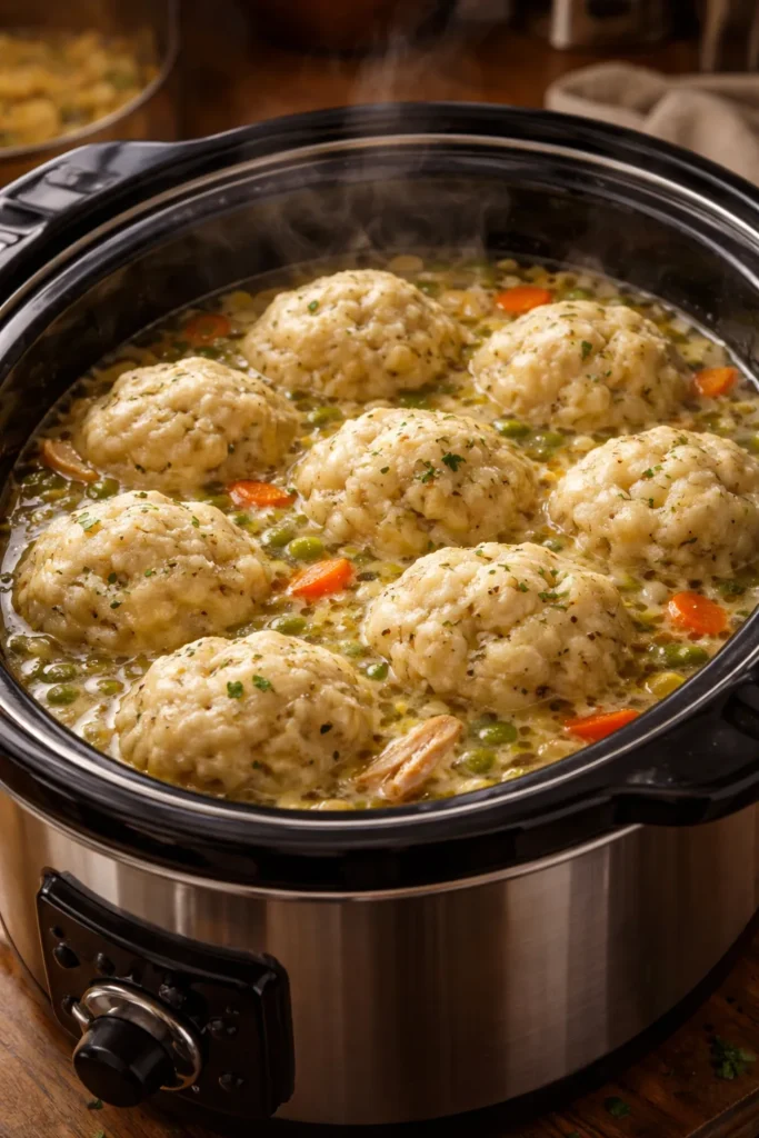 Dumplings in a slow cooker with steaming broth