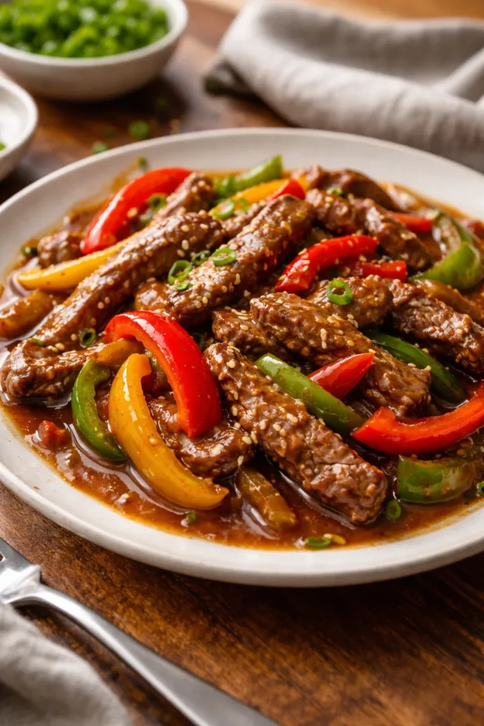 Tender beef with bell peppers in glossy sauce on plate