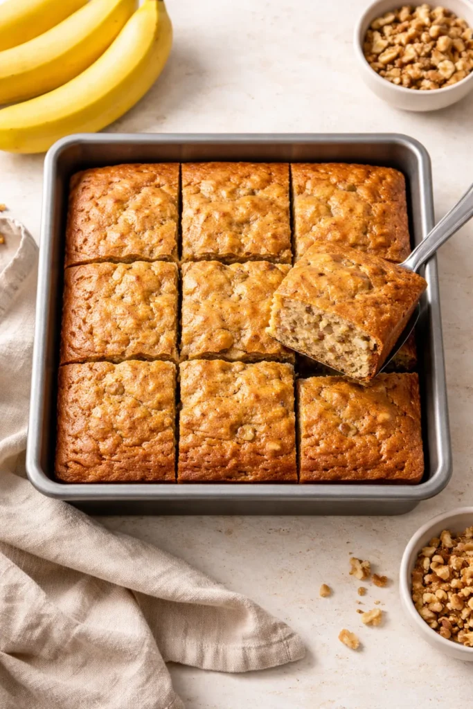 Banana bread baked in a square 8x8 pan and cut into even square portions