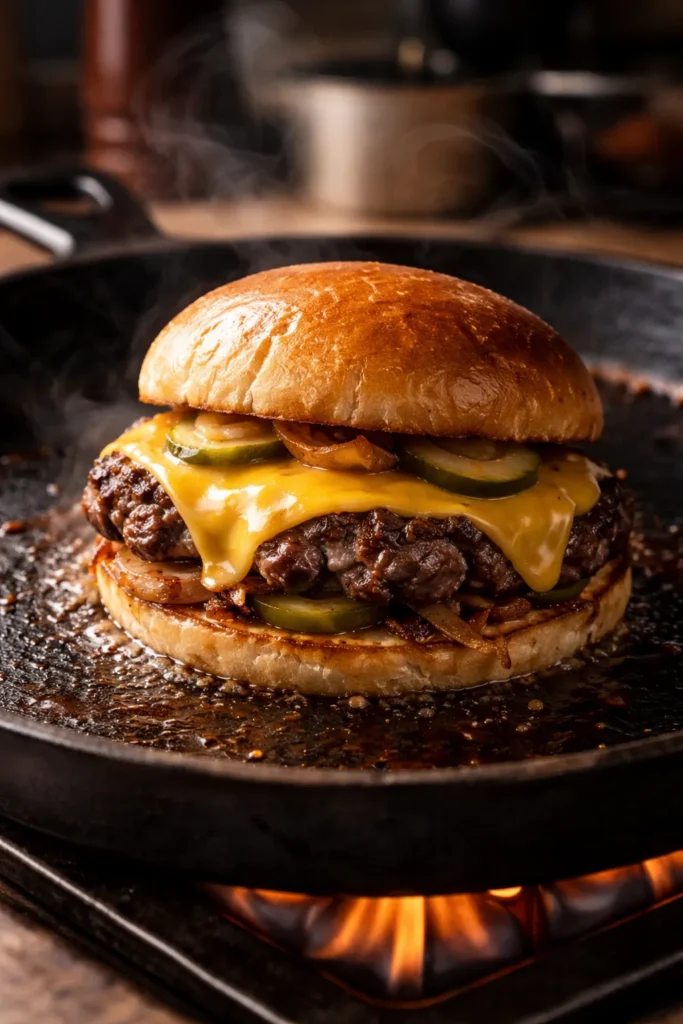 Close-up of a smash burger on a cast iron skillet with melted cheese