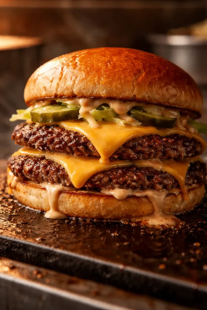 Double-stack smash burger with cheese between patties and sauce