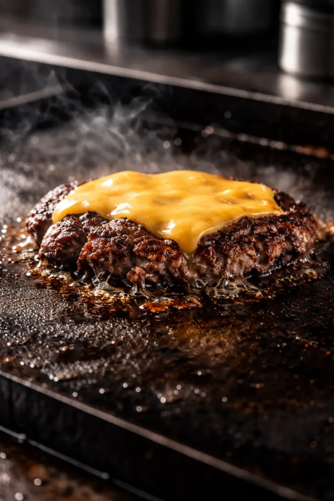 Close-up of a smashed beef patty with a crispy crust on a cast-iron griddle