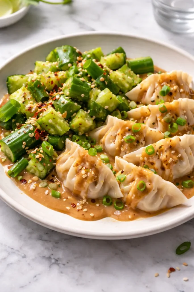 Smashed cucumber salad with dumplings and peanut sauce
