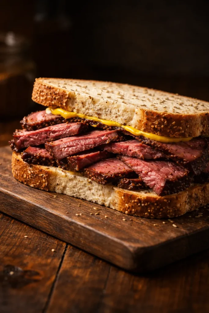 Montreal smoked meat sandwich on seeded rye with mustard