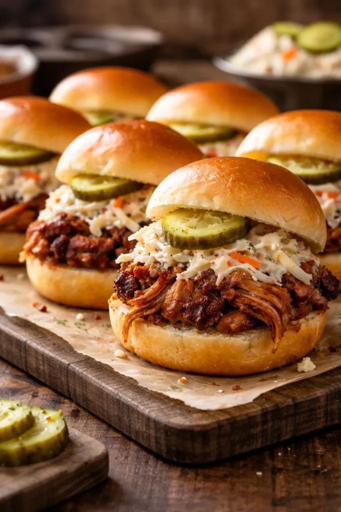 Smoked pulled pork sliders on Hawaiian rolls with coleslaw