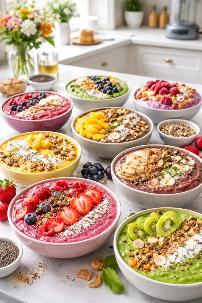 A collection of various colorful healthy protein smoothie bowls arranged on a counter.