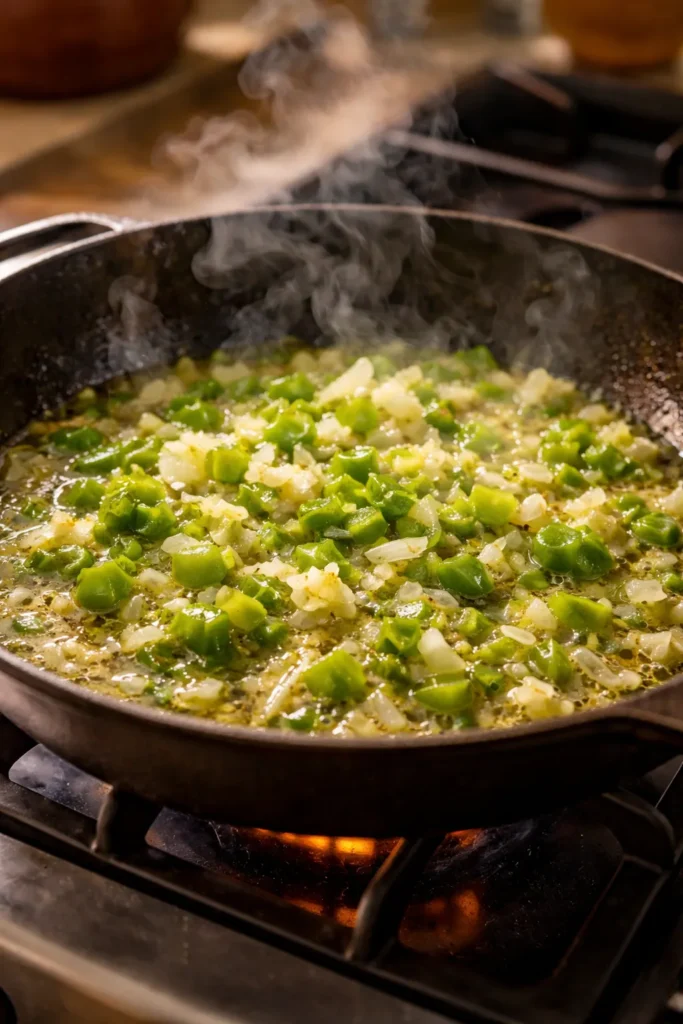 Close-up of sofrito simmering in olive oil in a pan on a stove