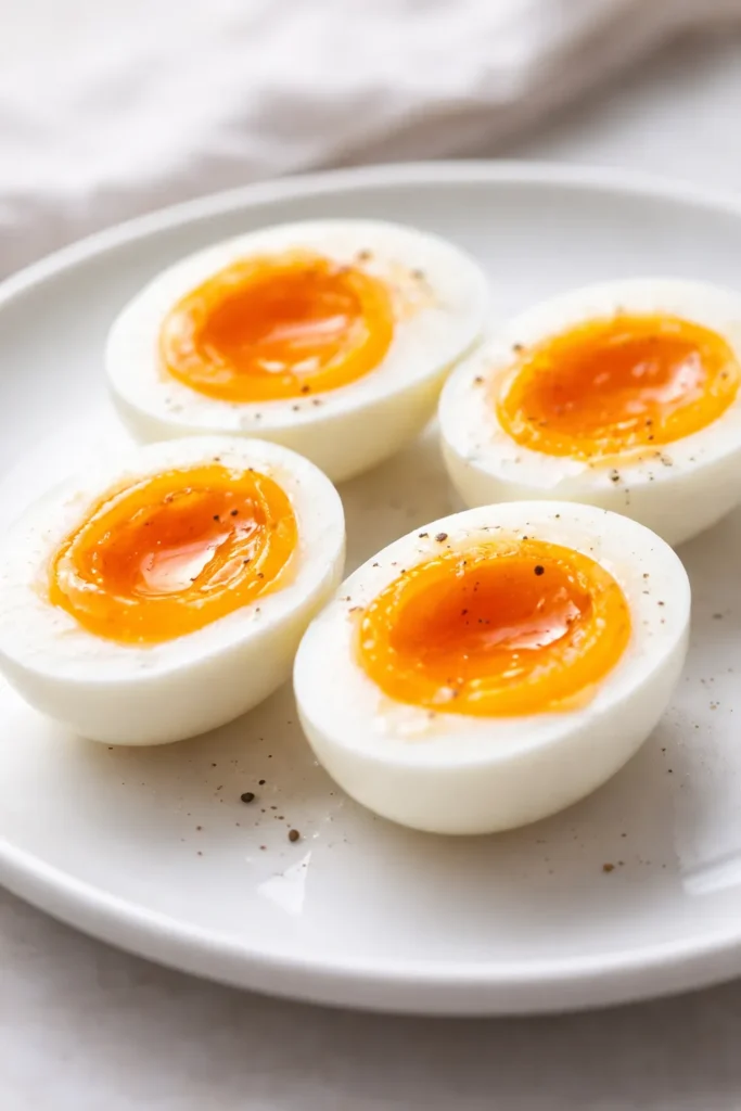 Soft-boiled eggs halved showing jammy yolks on a plate