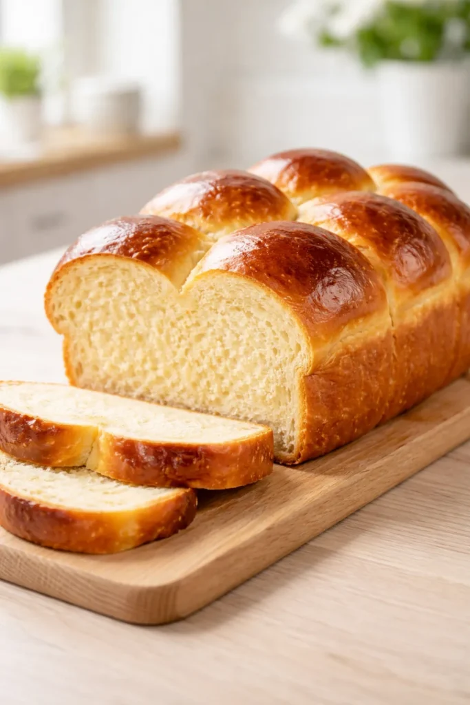Close-up of soft brioche loaf with glossy crust and tender interior.