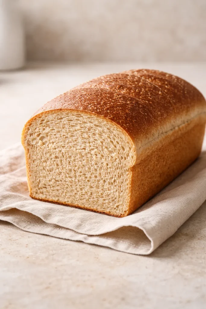Soft whole wheat bread loaf with tender crumb on cut side