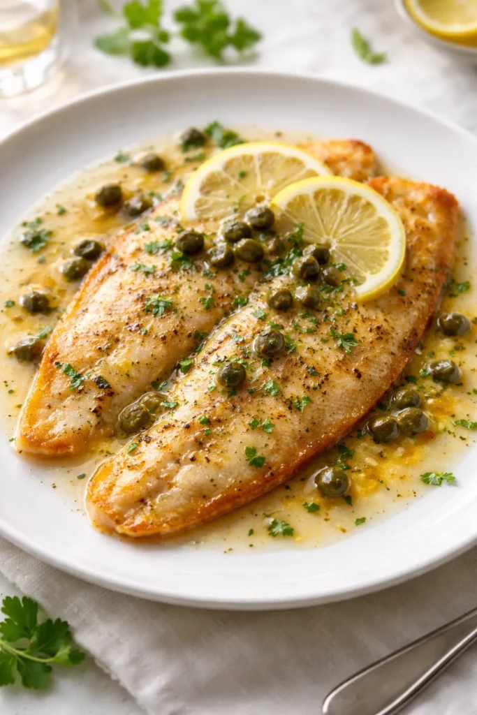 Sole Meunière plated with lemon-butter sauce and capers