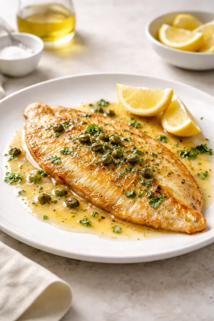 Sole Meunière plated fillet with lemon butter sauce