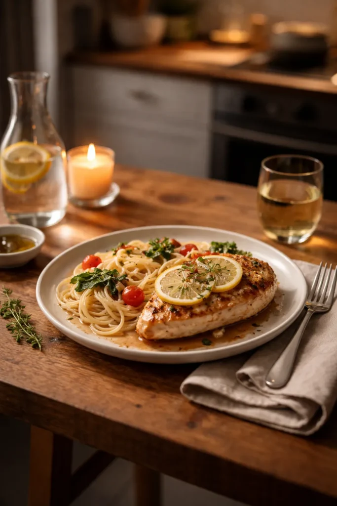 Solo plated dinner on a quiet wooden table