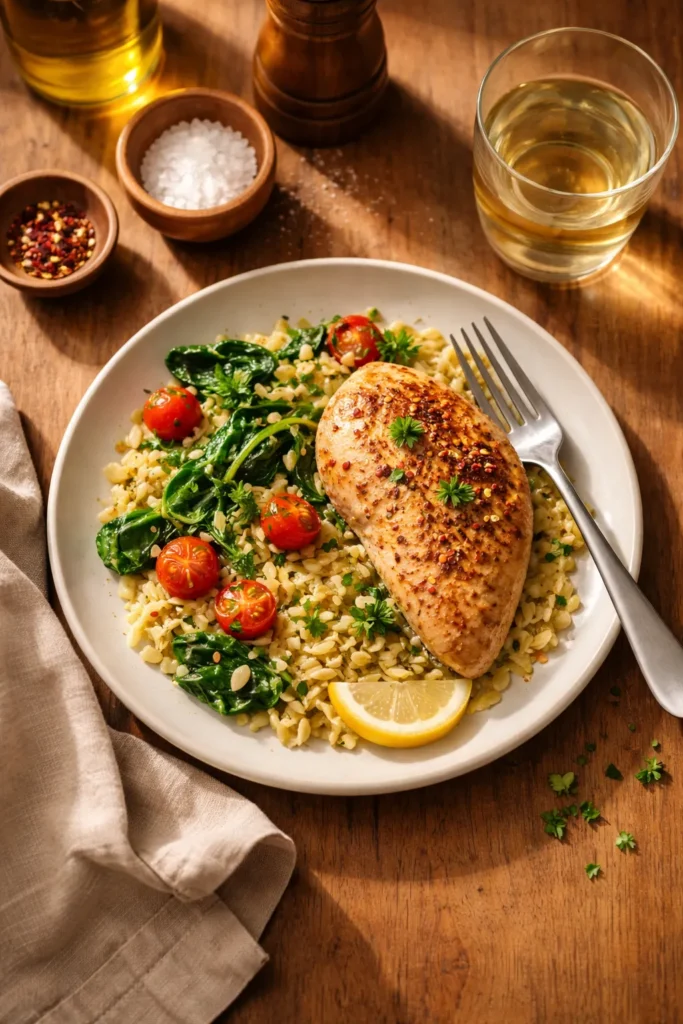 Close-up of a single plated dinner for one on a wooden table