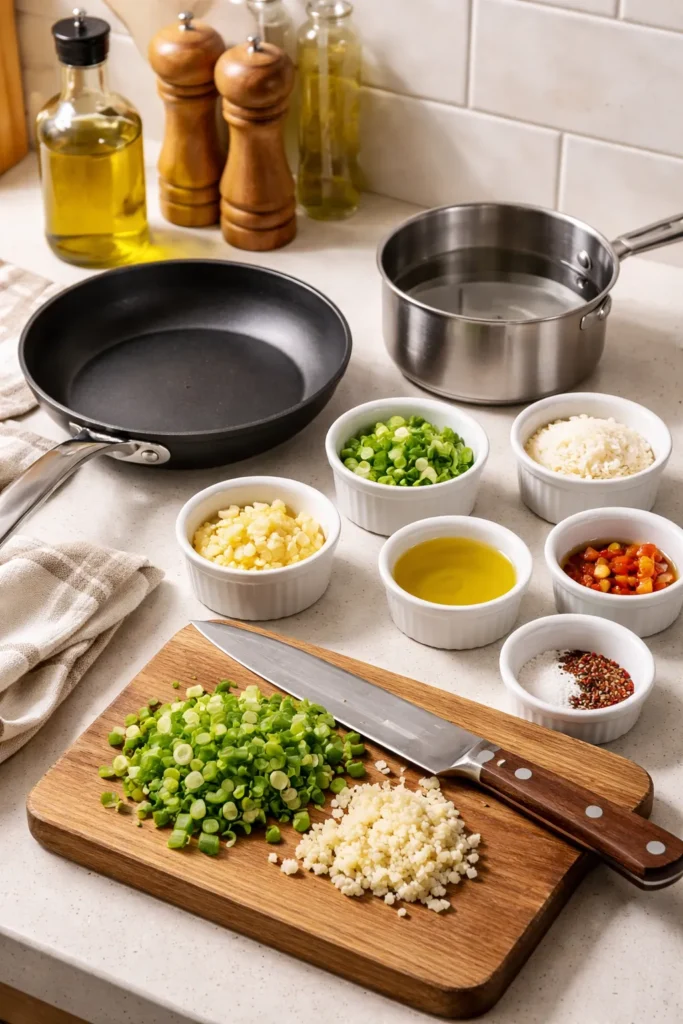 Organized prep scene with small skillet, saucepan, and spice ramekins