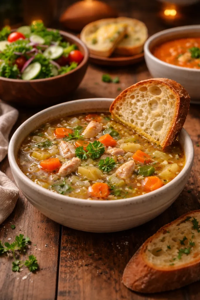 Bowl of soup with crusty bread slice on a wooden table, warm lighting