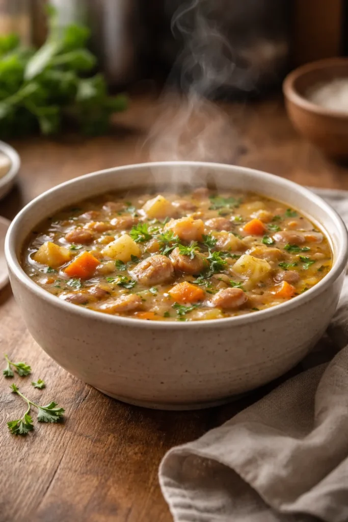 Close-up of steaming bowl of soup on a wooden table, showcasing rich color and steam