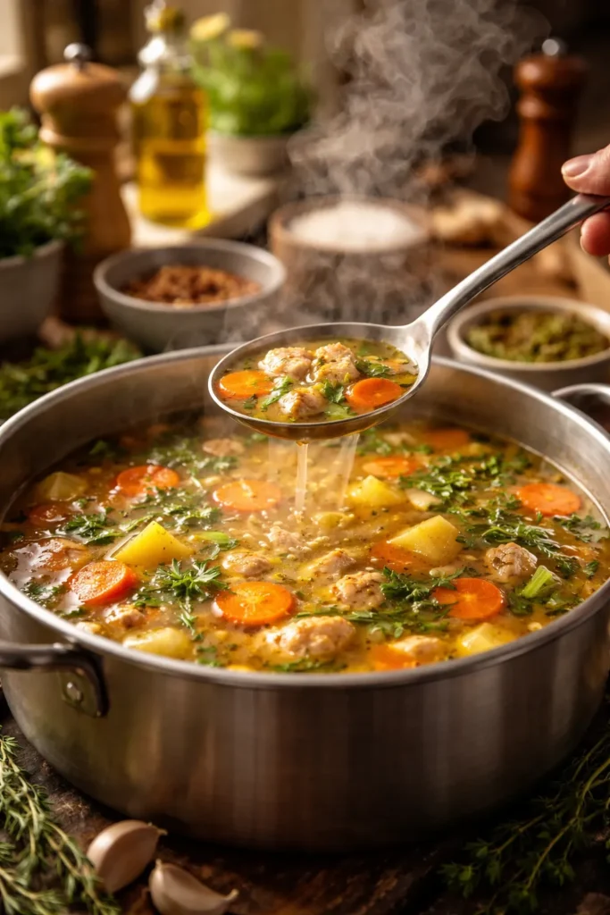 Close-up of steaming soup bowl with tasting spoon, emphasizing flavor depth and layering