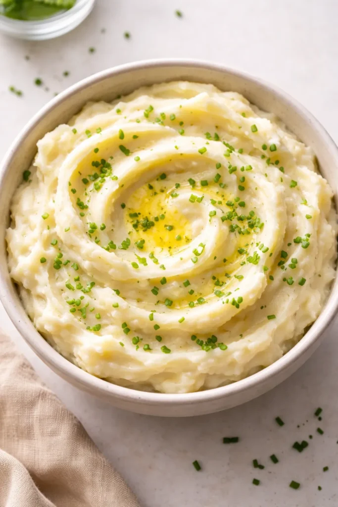 Creamy mashed potatoes with chive garnish and subtle sheen.