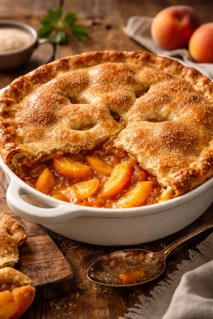 Traditional Southern peach cobbler with a flaky double pie crust and cinnamon sugar topping