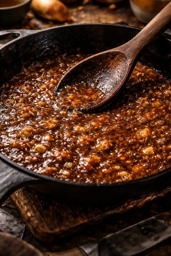 Close-up of nutty roux in cast-iron skillet with onion bits, illustrating Southern flavor layering