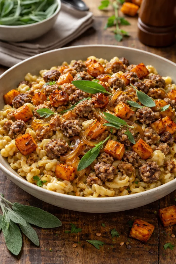 Spaetzle with bratwurst and sweet potatoes