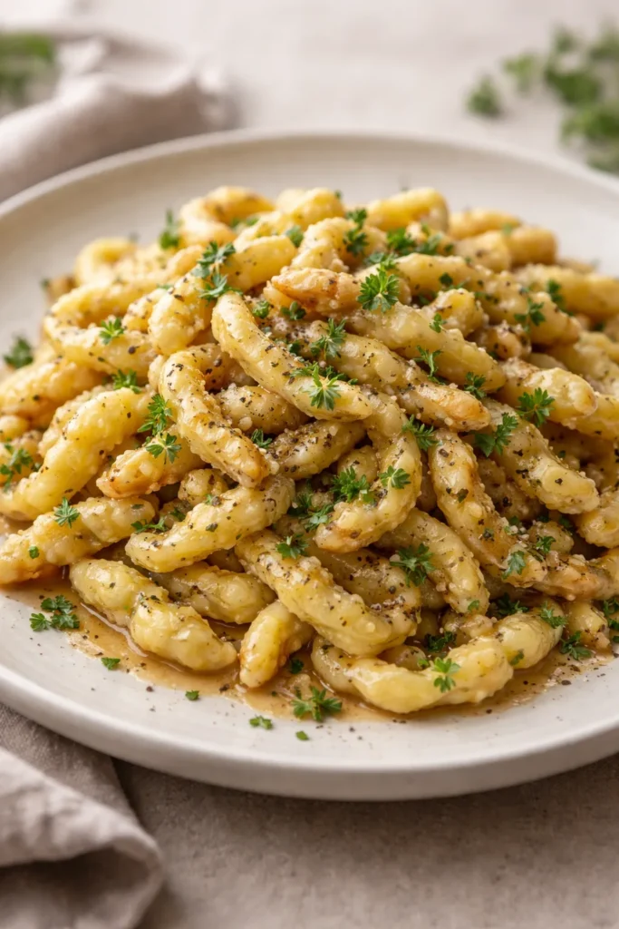 Spaetzle in browned butter with herbs on plate