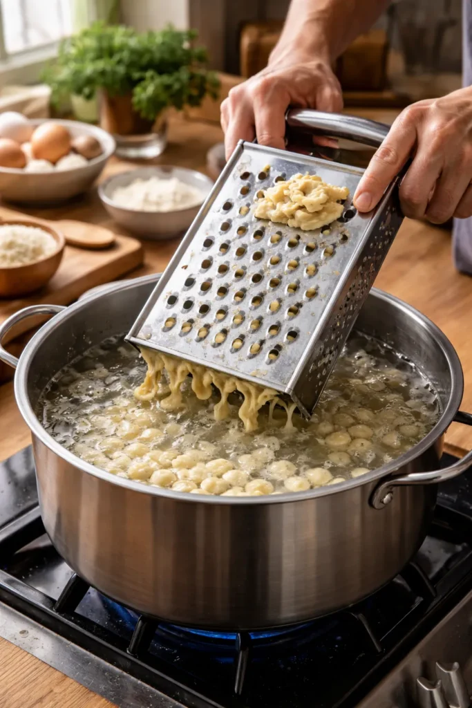 Kitchen grater pressing spaetzle batter into boiling water.