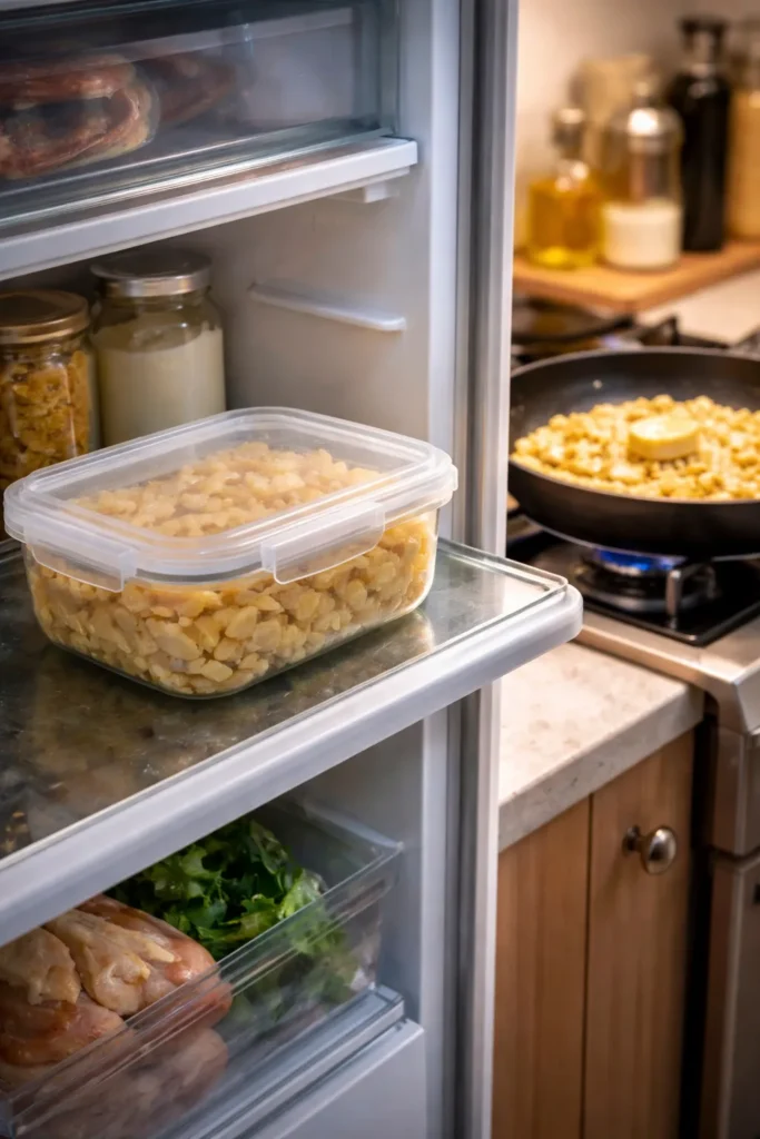 Sealed spaetzle container in fridge with pan ready to reheat.