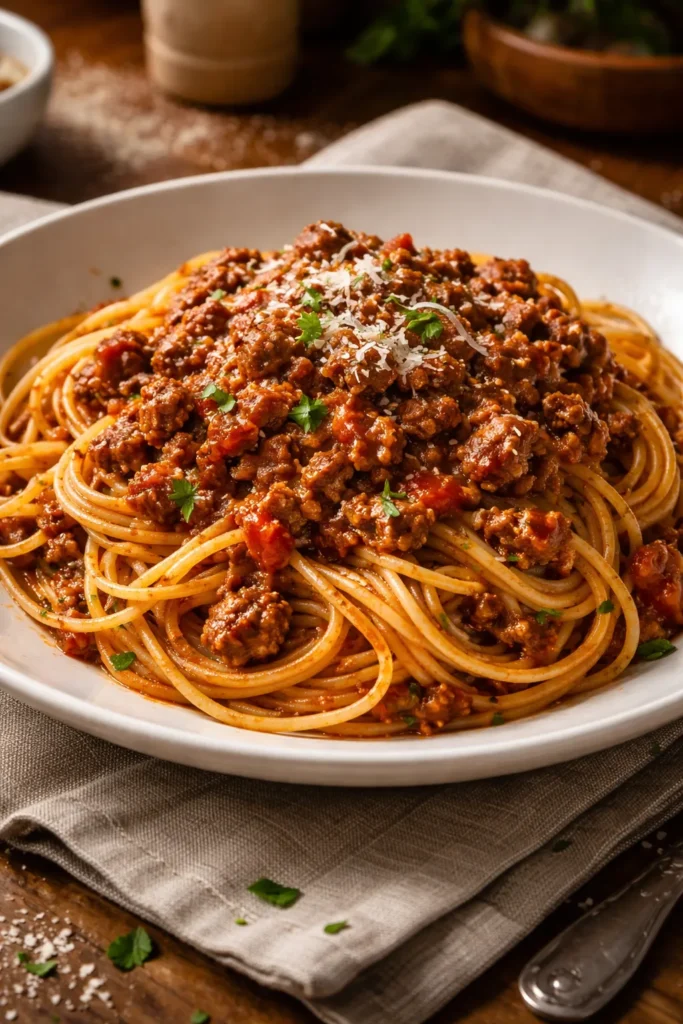 Spaghetti with beef and pork mixed bolognese sauce on plate