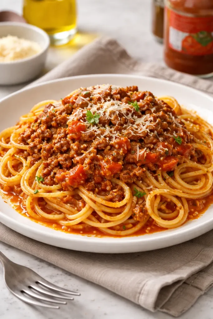 Spaghetti bolognese with marinara-based sauce on plate