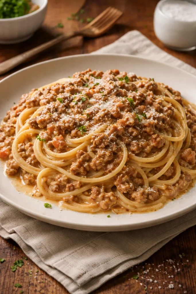 Creamy milk-and-cream bolognese sauce on spaghetti