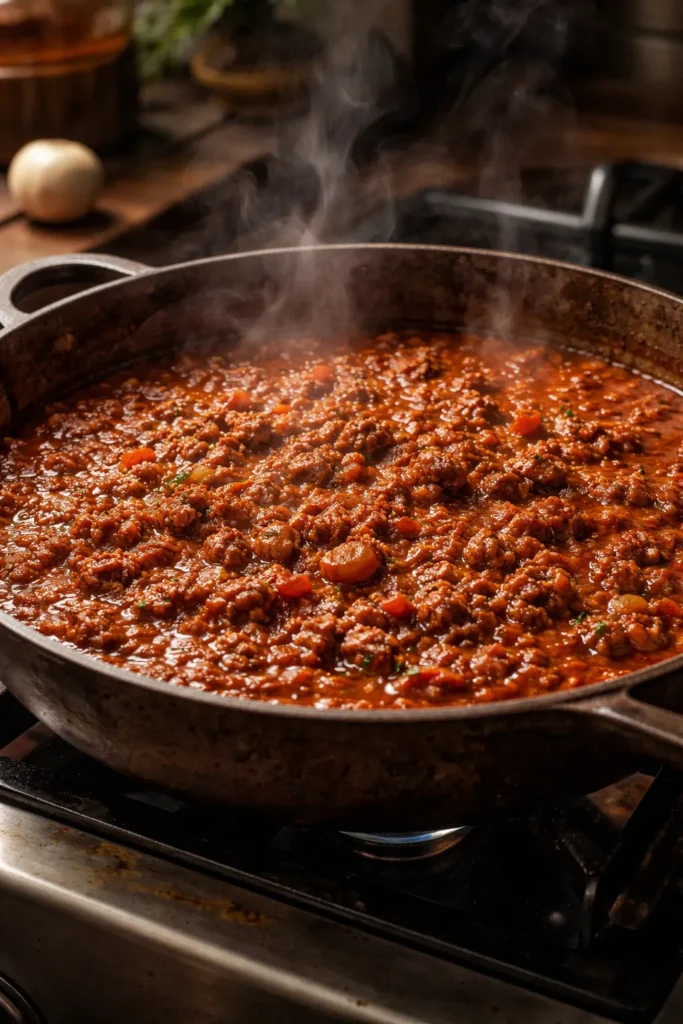 Slow-simmered traditional bolognese sauce in a rustic pan with steam
