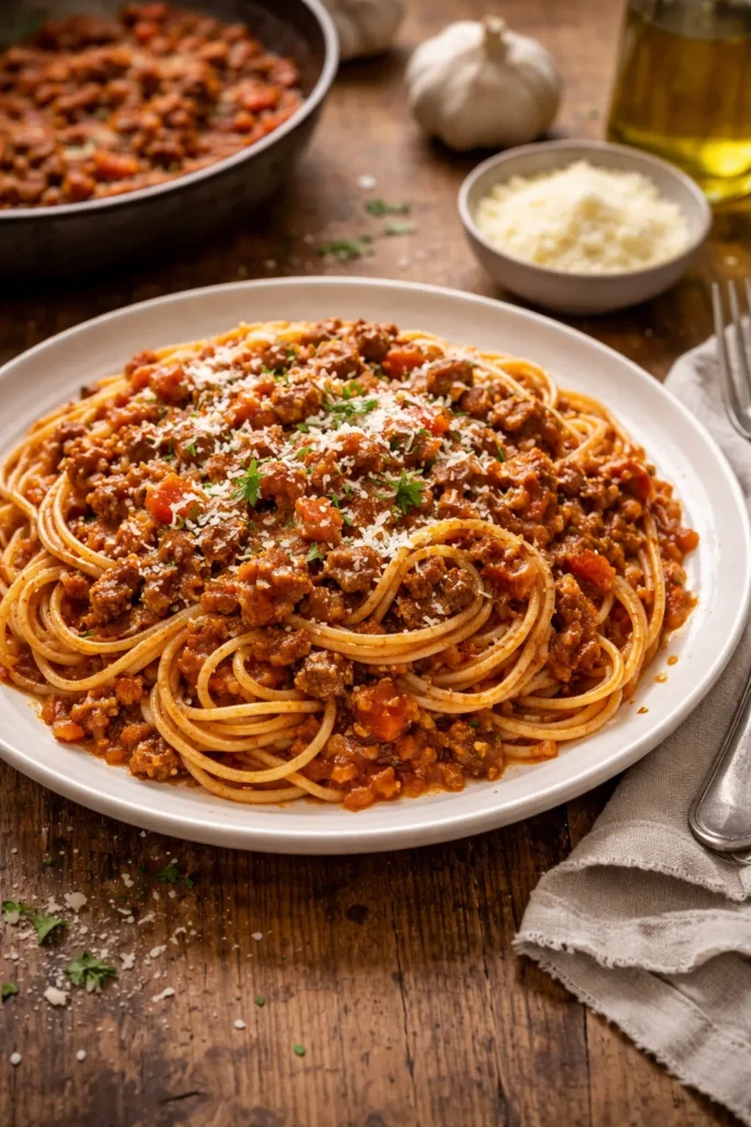 Close-up of classic weeknight spaghetti bolognese on plate with thick sauce and beef