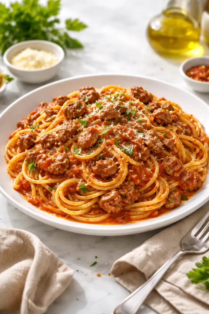 Plate of spaghetti with meat sauce and browned meat