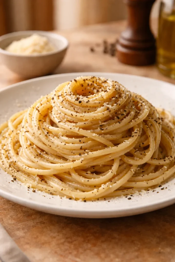 Close-up of spaghetti with pecorino pepper emulsion on a plate