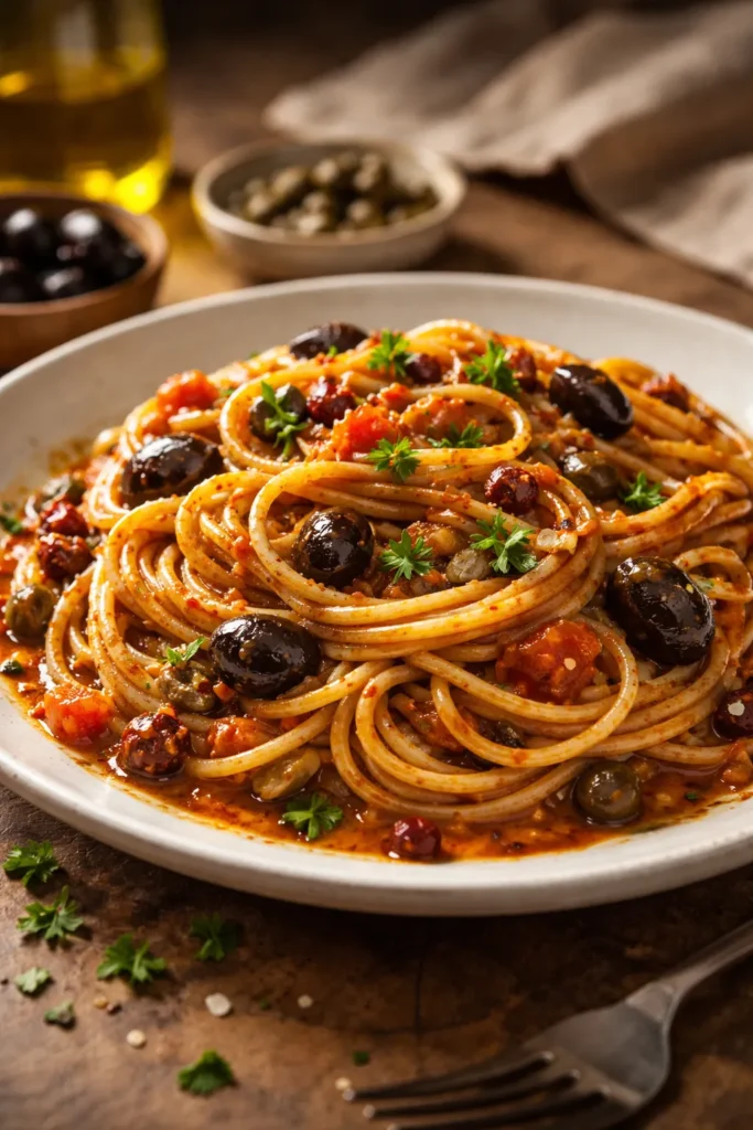 Spaghetti puttanesca with olives and capers in sauce