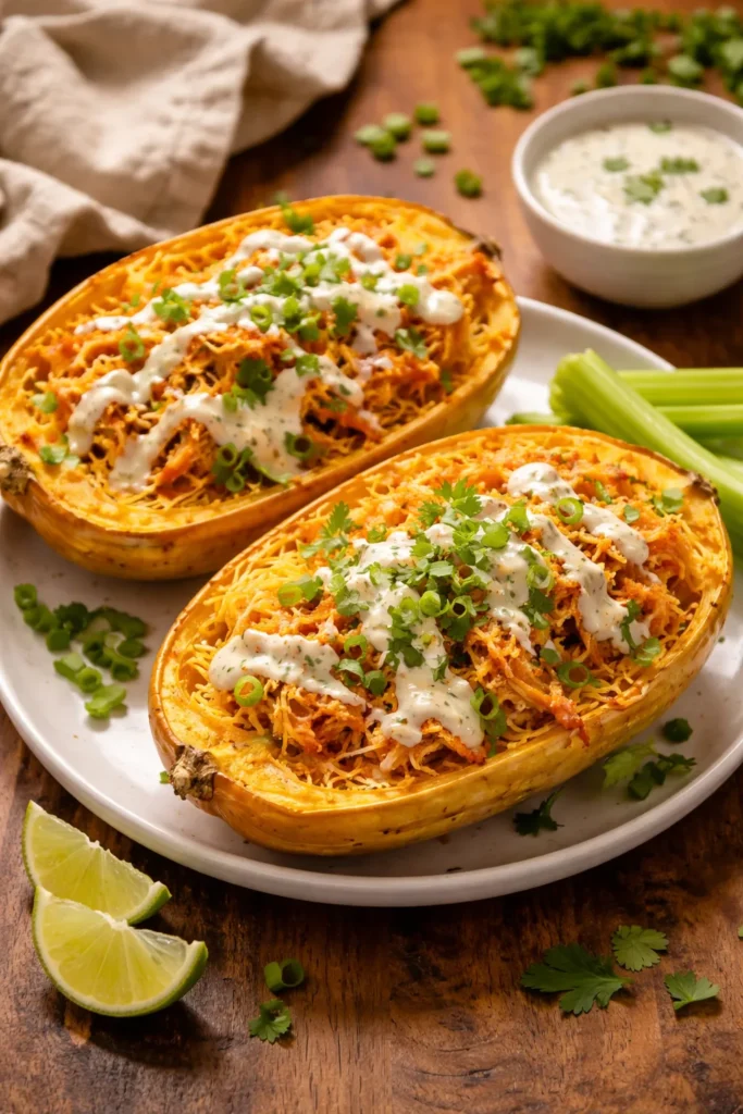 Buffalo chicken spaghetti squash with dairy-free ranch on a plate.