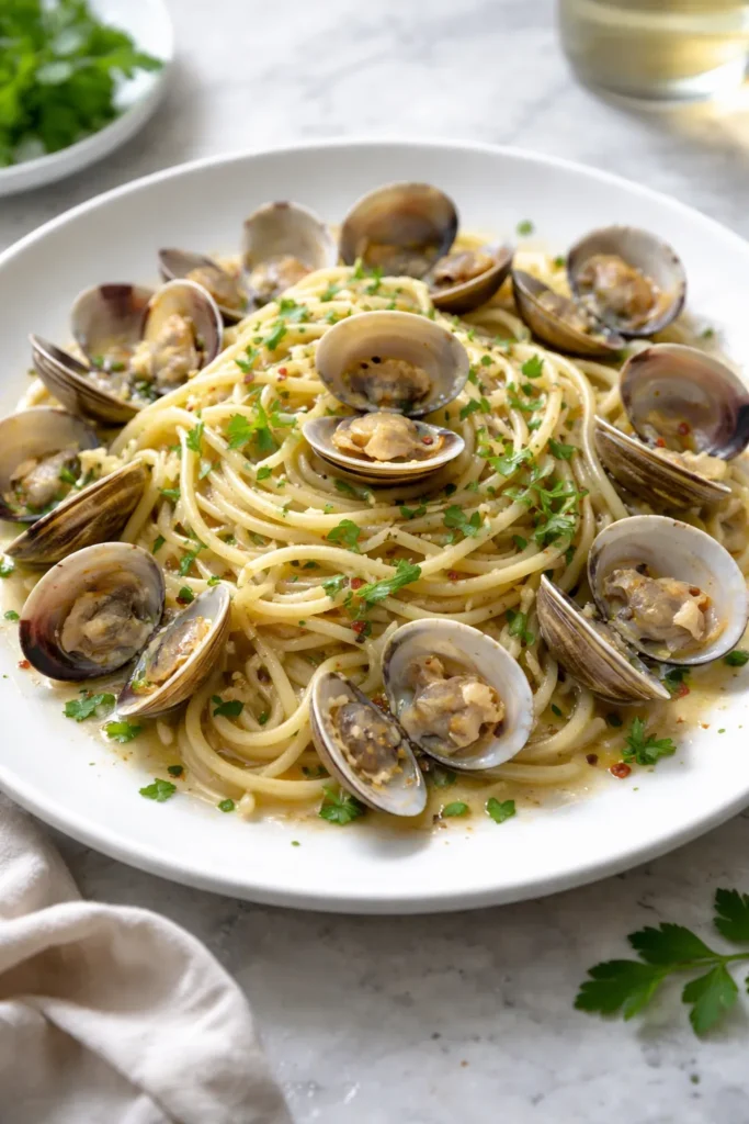 Spaghetti with clams in white wine garlic sauce