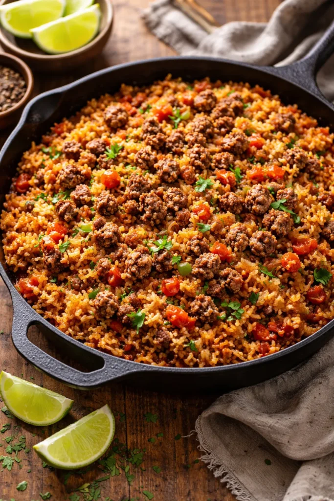 Spanish rice with seasoned ground beef in a skillet, toasted grains and tomato broth