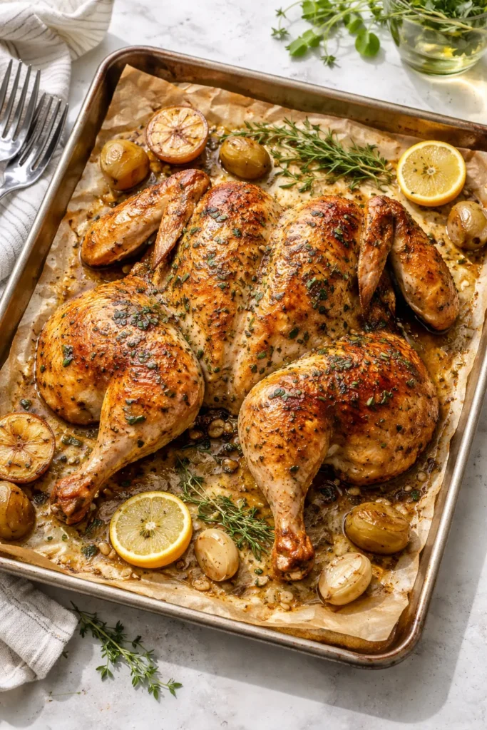 Crispy, spatchcocked roast chicken on a sheet pan