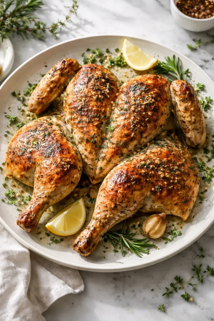 Crispy-spatchcock chicken on neutral plate