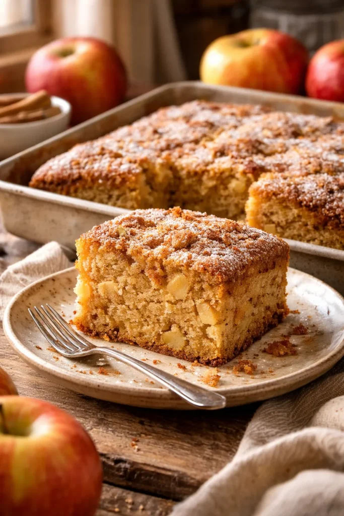 Slice of Spiced Honeycrisp Apple Cake showing apple ribbons in moist crumb