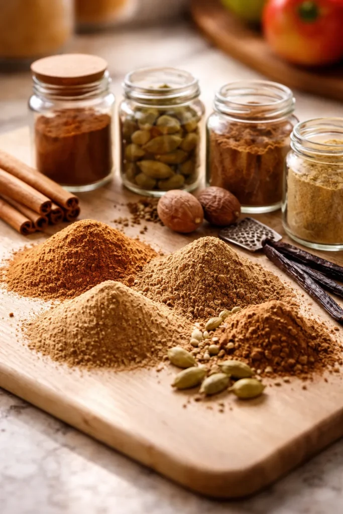Close-up of cinnamon, nutmeg, and cardamom jars for spice selection in pie filling