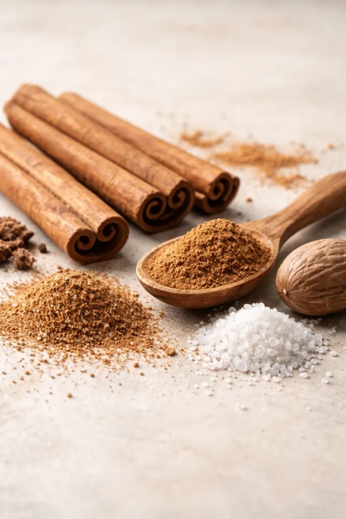 Cinnamon sticks, ground nutmeg, and a pinch of salt on a clean surface