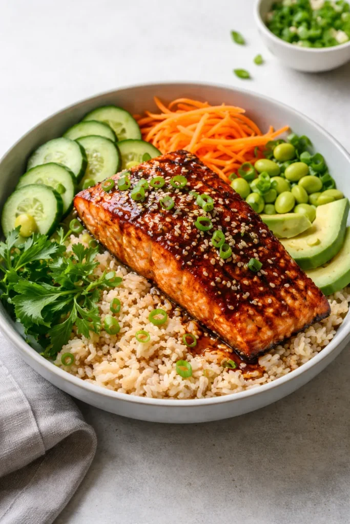 Seared salmon on brown rice with vegetables and sauce