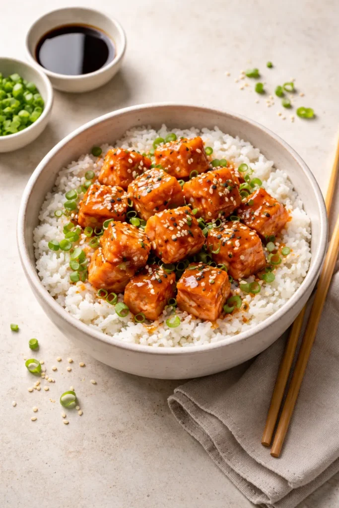Bowl of spicy salmon sushi over rice with sesame seeds