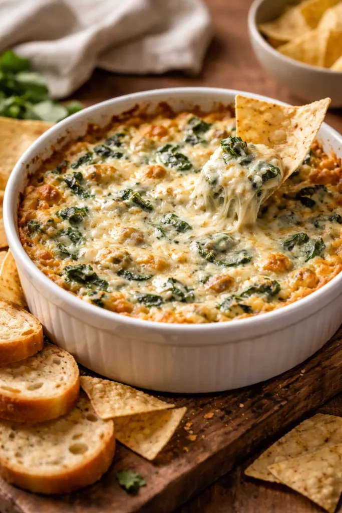 Bubbly spinach artichoke dip in a ramekin with a creamy surface and spinach chunks